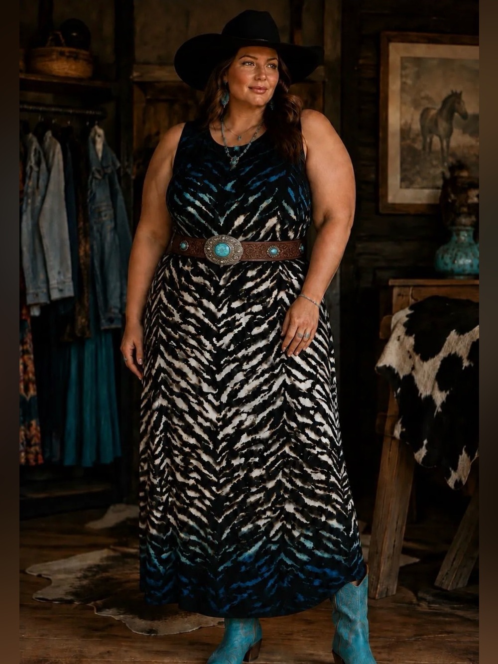 Studio 1 XL Zebra Print Maxi Dress Black White Blue Sleeveless Boho